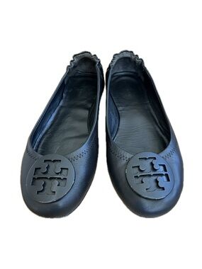 Tory Burch Black Minnie Travel Ballet Coated Logo Nappa Leather #49350 Size 7.5